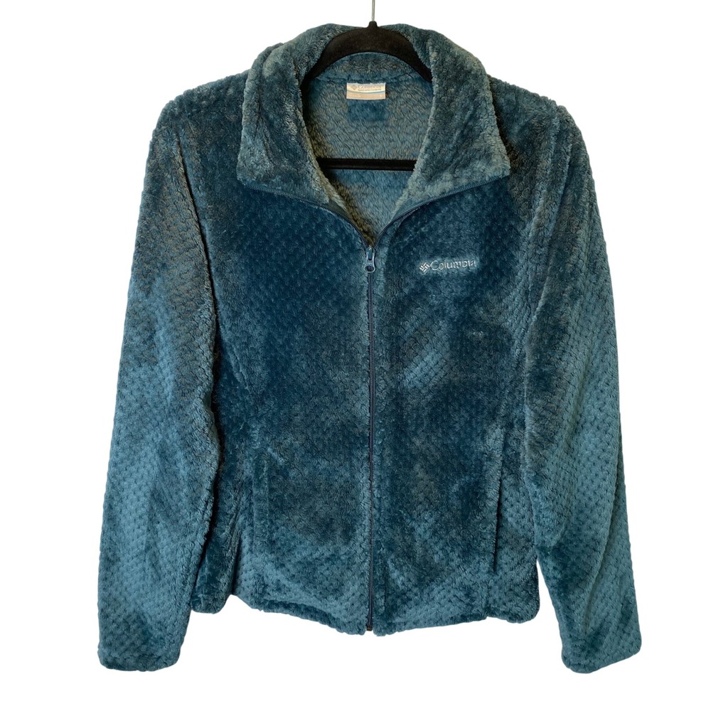Columbia Fire Side II Sherpa Jacket Women Small Teal Blue Full Zip Gorpcore Cozy